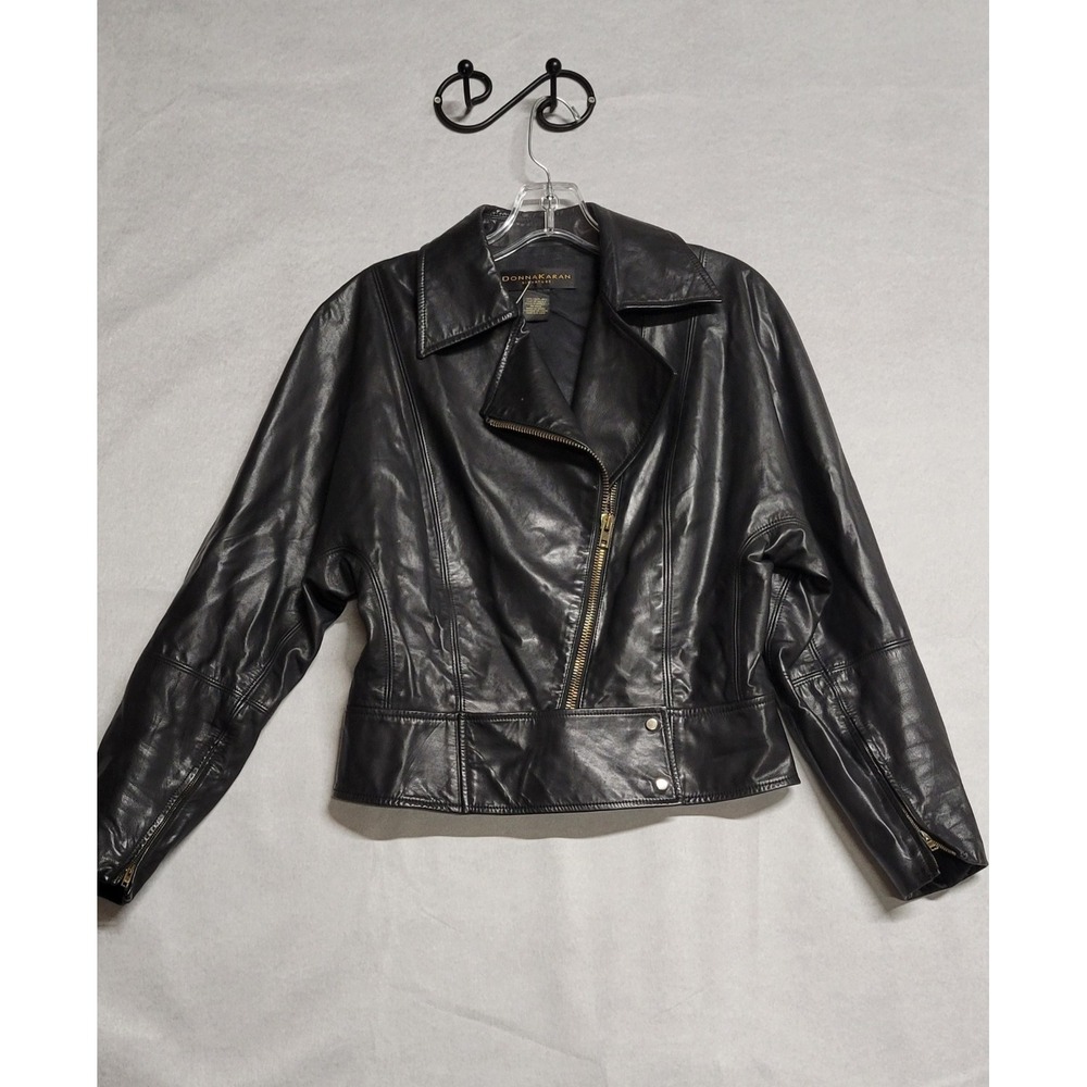 Donna Karan Signature Black Zip Front Collared Leather Jacket Long Sleeve  Sz M
